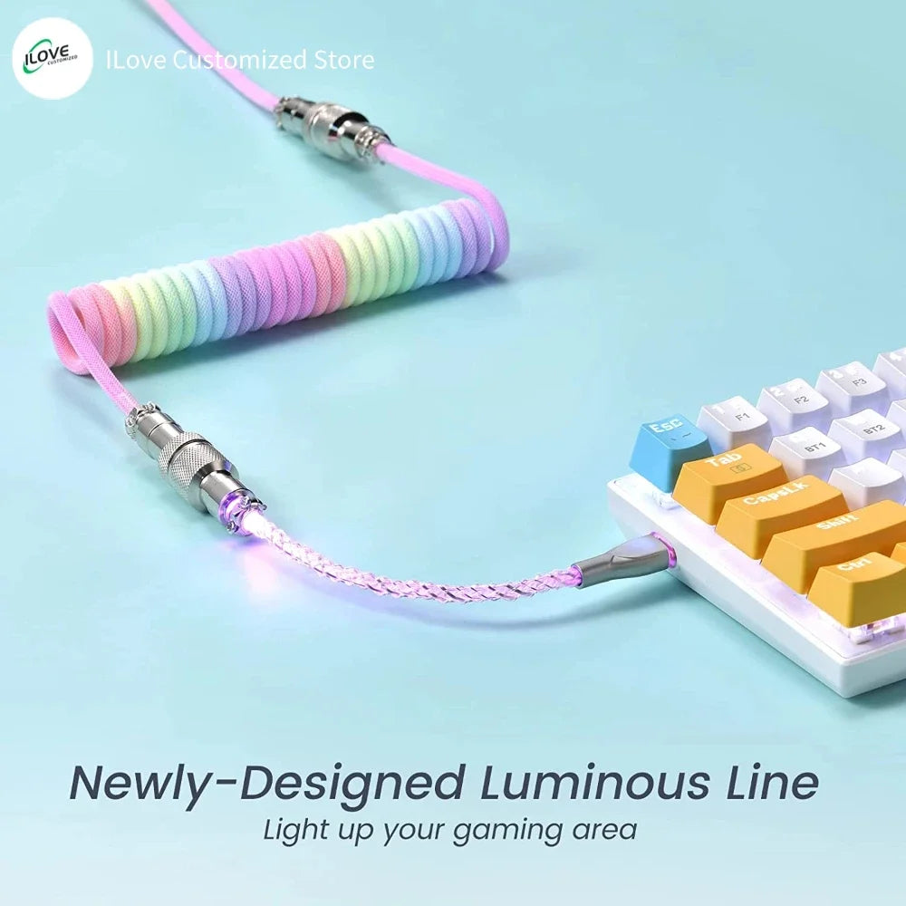 Lighting Coiled  Keyboard Cable  USB C Cable with RGB Line Mechanical Keyboard Cable Double-Sleeved  Aviator Keyboard Cable
