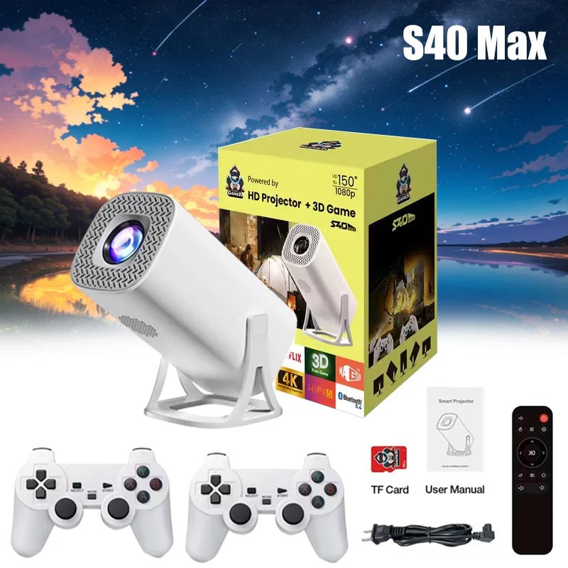 S40MAX Android 11 Gaming Projector 64GB Expandable WiFi BT Gamepad 4K Support Screen Portable Outdoor Theater